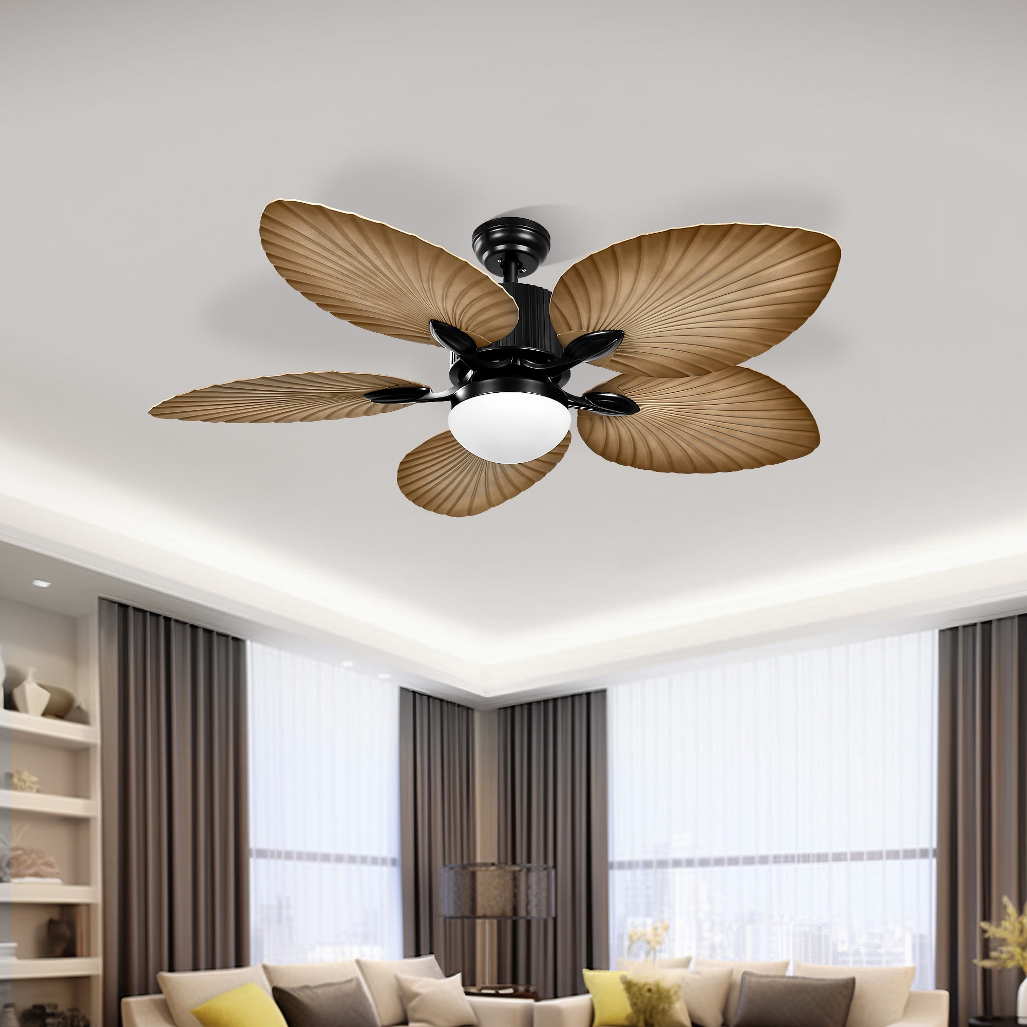 Uforic 52" Tropical Ceiling Fan with Light and Remote,5 Palm Leaf Blades Energy-efficient ceiling fan