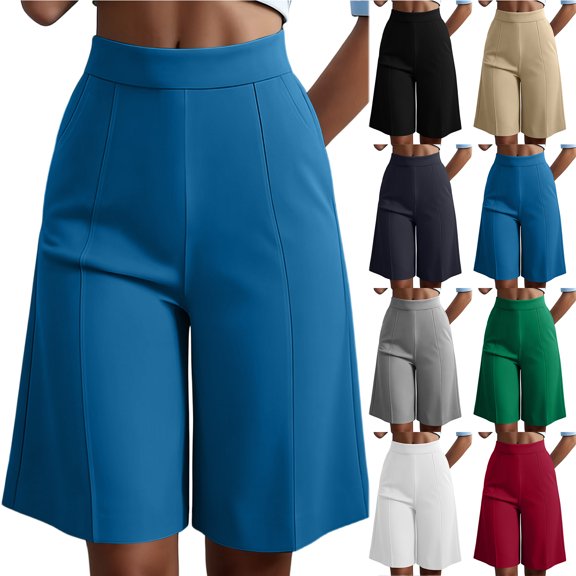 Bloomae Bermuda Shorts for Women Summer Elastic High Waist Casual Straight Wide Leg Work Business Shorts Slacks Trendy Hiking Vacation Short Pants with Pockets