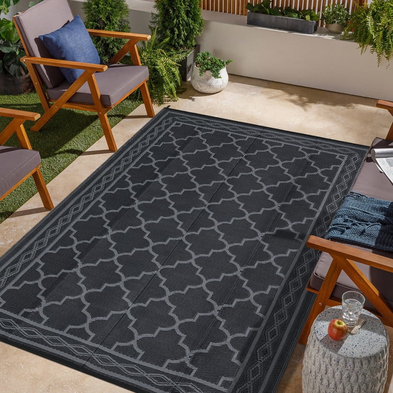 Towallmark 8x10 Outdoor Rug Waterproof, Reversible Patio Mat, Plastic Straw Area Rugs for Outside Deck Porch Balcony, Foldable Carpet for RV Camping Beach Picnic, Black&Grey