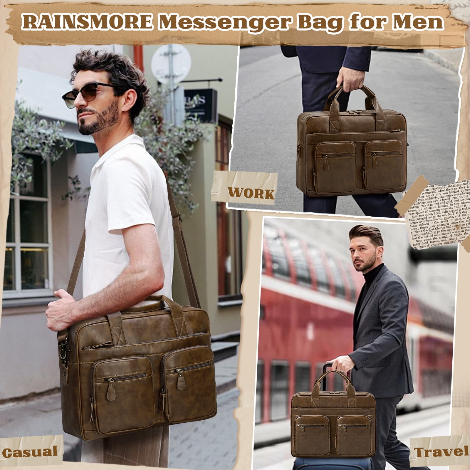 RAINSMORE 15.6 Inch Messenger Bag for Men Vintage PU Leather Laptop Bag Waterproof Computer Briefcases for Men Retro Mens Briefcase Satchel Bag for Work Office Business Travel,Brown