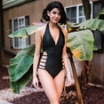 thumbnail image 2 of Trajes de baño de una pieza con cuello en V para mujer Trajes de baño con espalda abierta y espalda descubierta Trajes de baño con recorte de pierna alta,negro,l Feliz Sencillez, 2 of 5