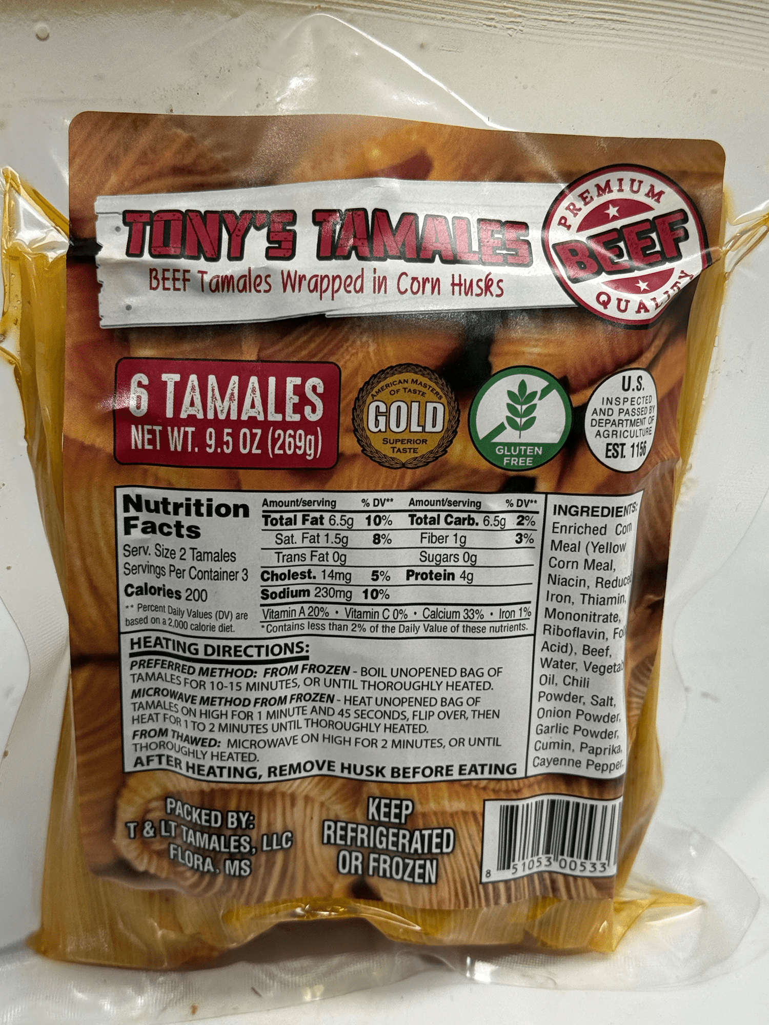 Tony's Tamales Beef Tamales Wrapped in Corn Husk, Gluten Free, Ready to Eat Heat and Serve, Vacuum Sealed Bags, 9.5 oz (Frozen)