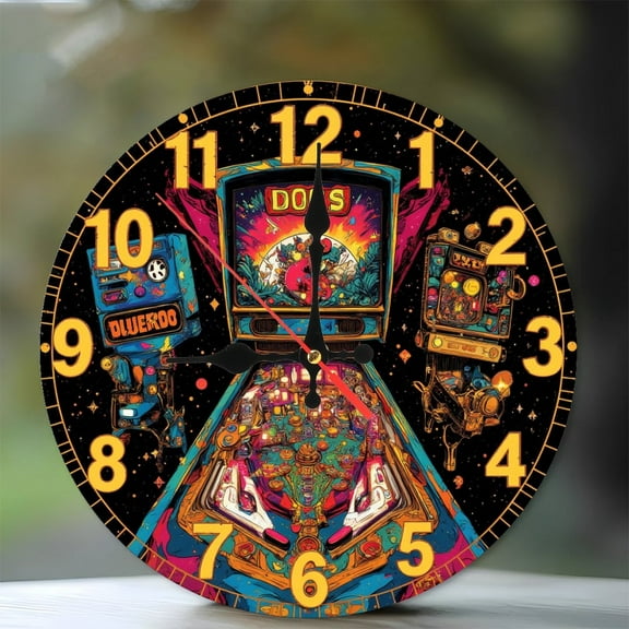 Retro Pinball Clock Wall Art Decor 10-Inch Silent Wooden Wall Clock, Battery Operated (AA Batteries Not Included), Artistic Home Decor