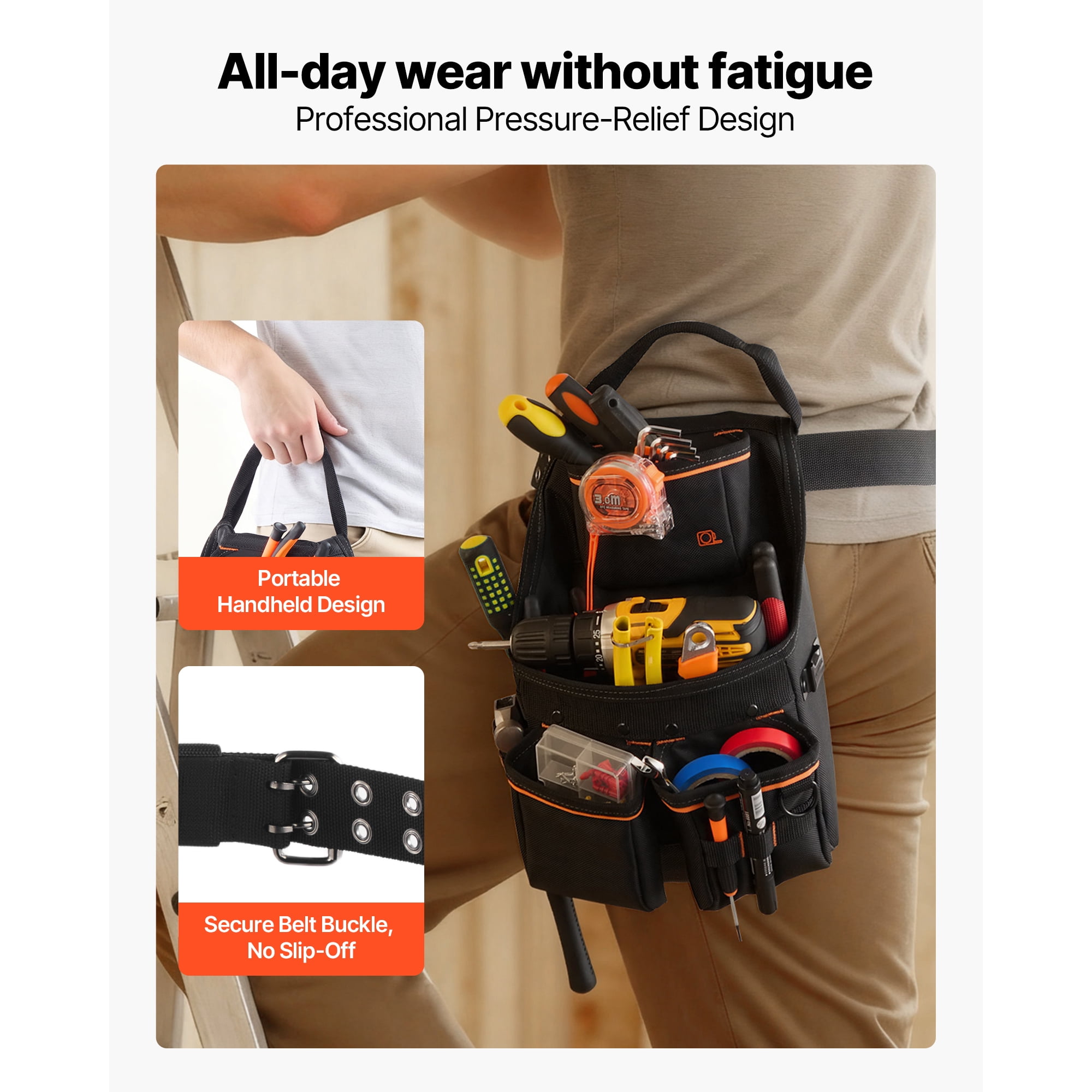 KFFKFF Tool Pouch with Belt, 14-Pocket Professional Utility Belt for Men, Durable Adjustable Work Bag for Electricians, Carpenters, and Construction, Fits Waist Sizes 32 to 50 Inches