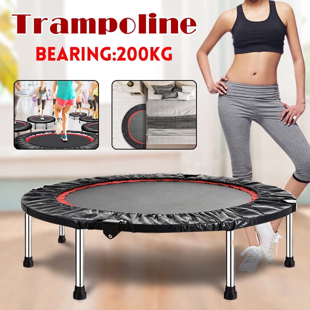 40 Rebounder Mini Trampoline for Adults Kids Foldable Fitness Trampoline with Resistance Bands for Indoor Sports Workout Yoga and Bouncing Jumping Exercise and 5 Loops Bands Jump Skipping Rope