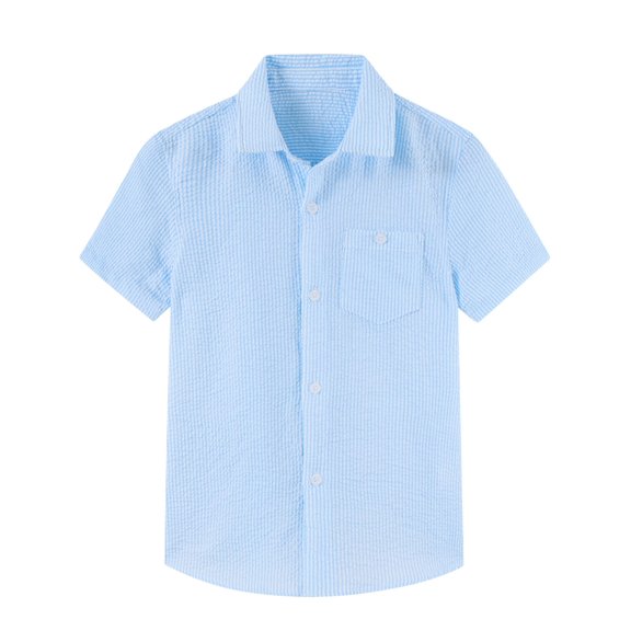 Aideaone Boys Button Down Shirts Short Sleeve Solid Striple Seersucker Shirt with Chest Pocket 5-14 Years