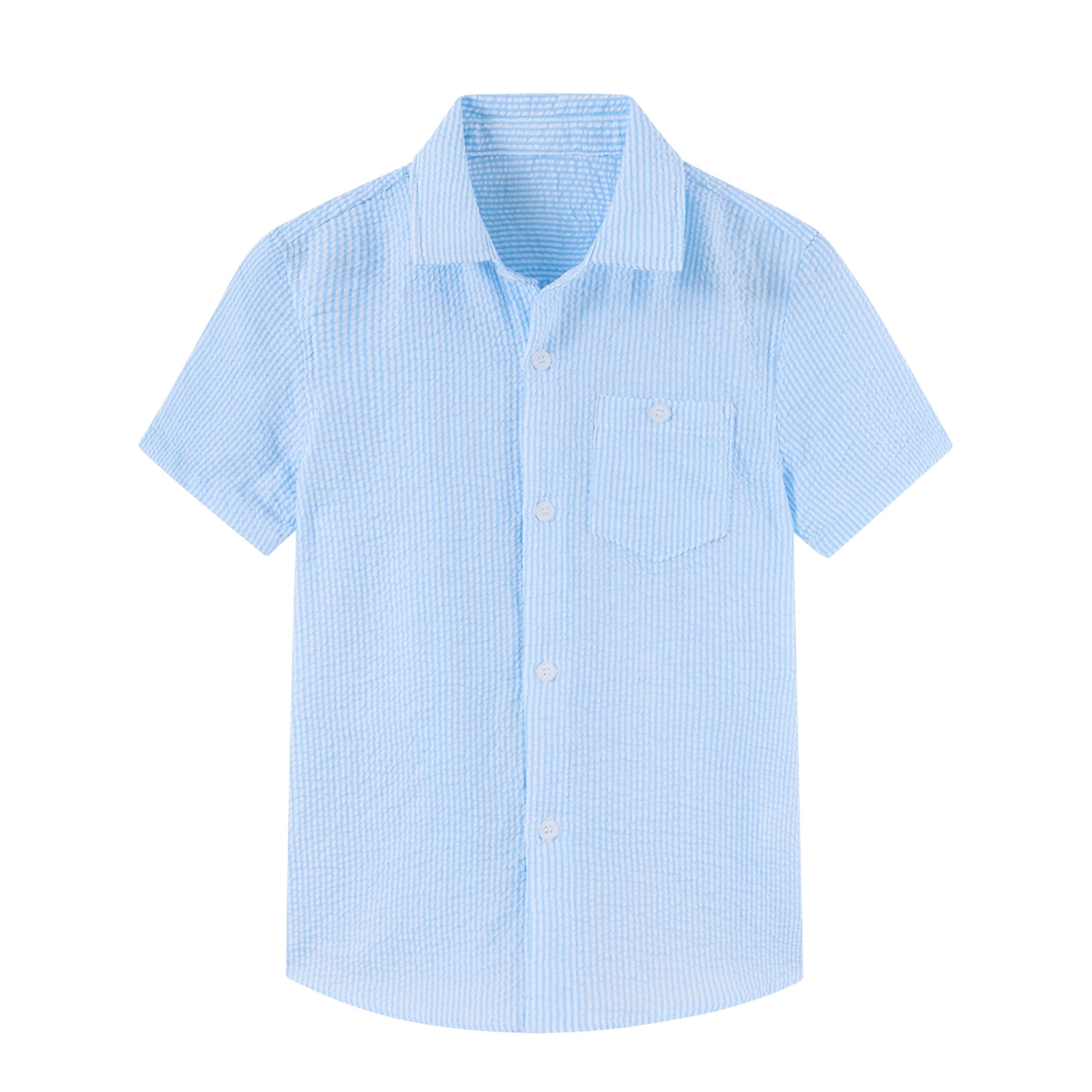 Aideaone Boys Button Down Shirts Short Sleeve Solid Striple Seersucker Shirt with Chest Pocket 5-14 Years