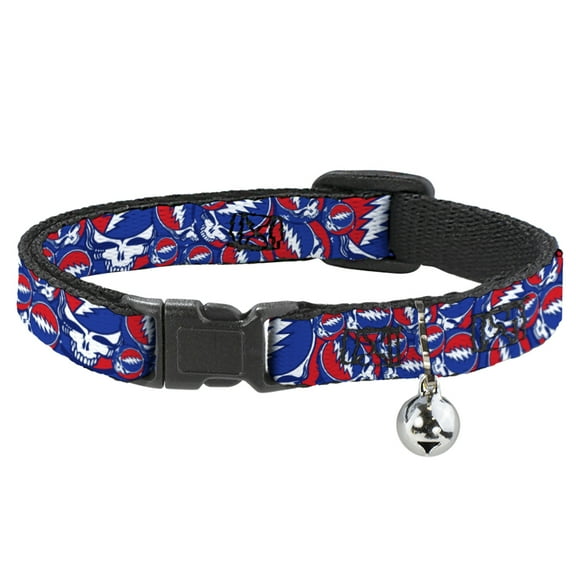 Grateful Dead Cat Collar, Breakaway Collar with Bell, Steal Your Face Stacked Red White Blue, 8.5 to 12 Inches 0.5 Inch Wide