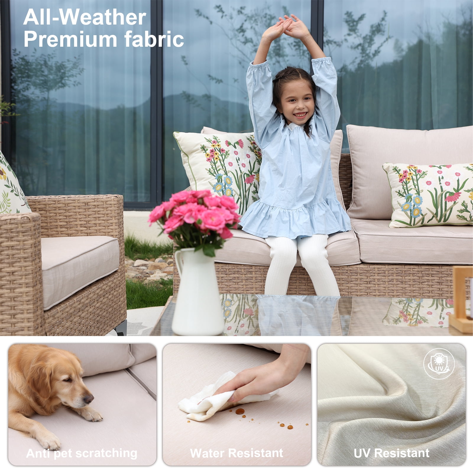 Joyure 4-Piece Patio Furniture Set,Outdoor Wicker Patio Conversation Set with Tempered Glass Table,All-Weather Rattan Sectional Loveseat&Chairs with Thick Cushions for Garden,Deck,Backyard-Beige