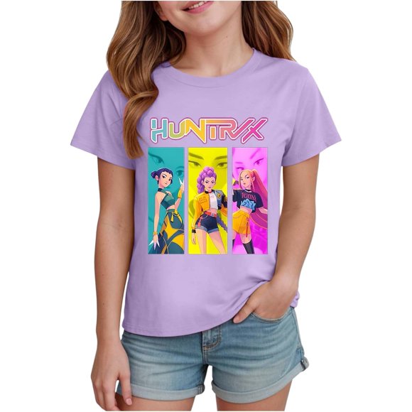 K pop Demon Shirt for Girls Cute Cartoon Graphic Tshirt Trendy Funny Kids Sweatshirt Pink Tops Short Sleeve Crewneck Shirts
