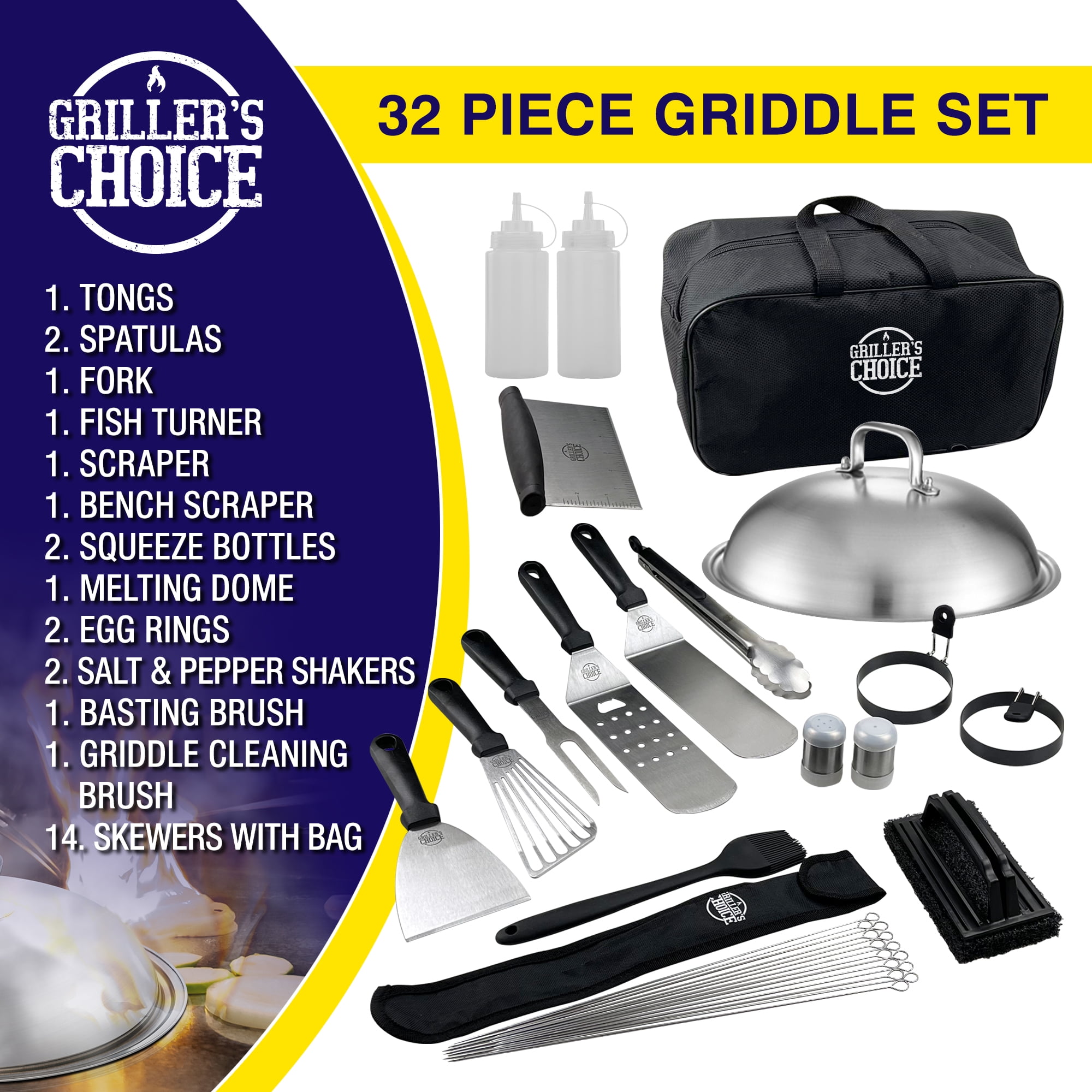 Grillers Choice 32 piece Griddle Spatula Set Metal - Grilling Accessories, Stainless Steel, Flat Top, Grill, Hibachi,Grilling Utensils. Designed By Chef and BBQ Judge