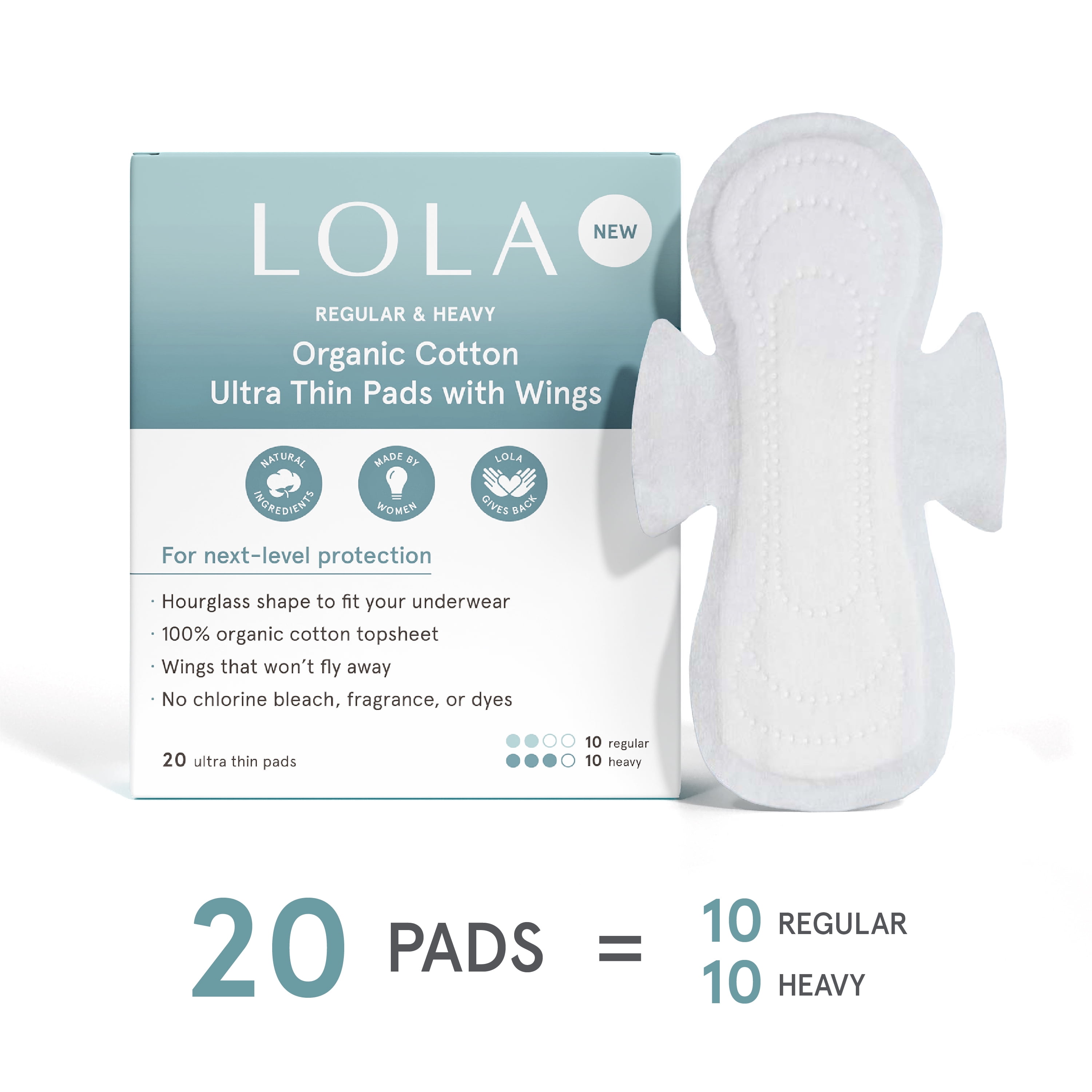 LOLA Organic Cotton Topsheet Ultra-Thin Pads, Assorted Regular + Heavy Absorbency, 20 Count
