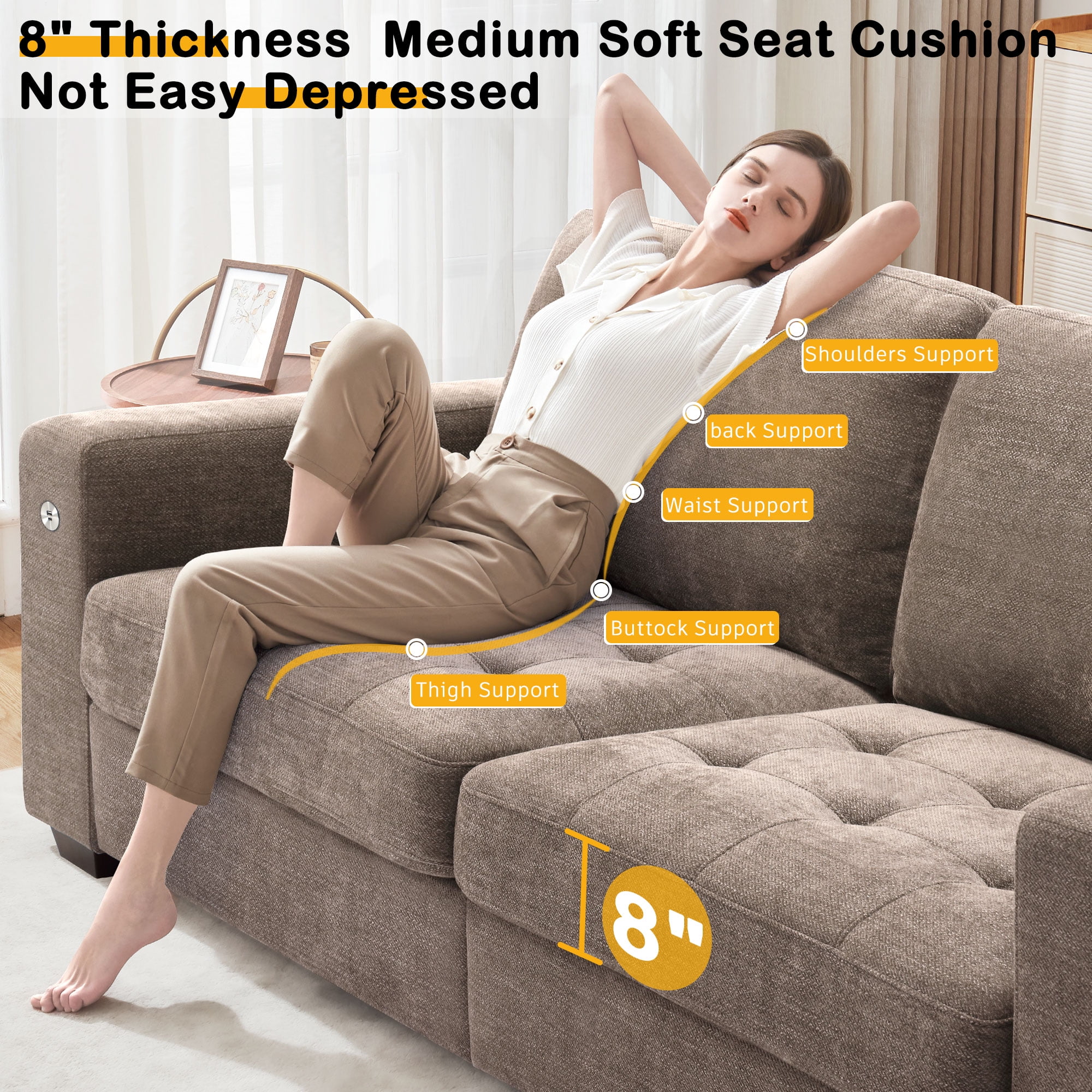 Bedluxury 89" Deep Sofa Couch with USB/Type-C Charging, Storage Pocket & Wide Armrest, Removable Cover, Seats 3 Adults, Chenille Brown