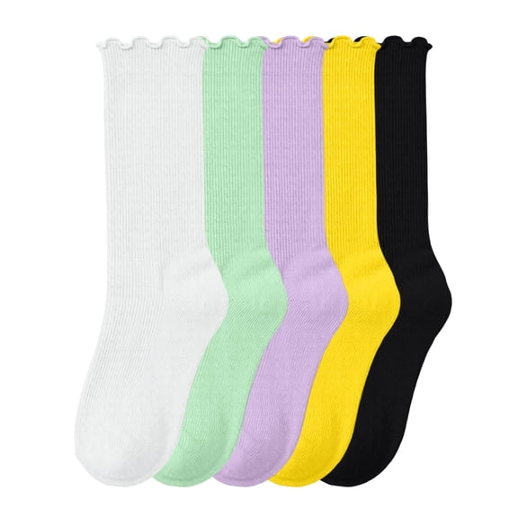 Acaics 5PC Solid-Color Socks for Girls Casual Cotton Crew Sock Comfort Socks