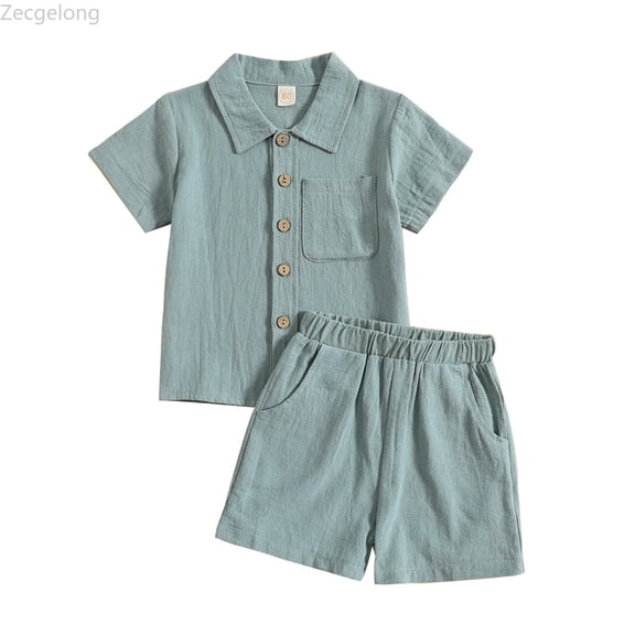Zecgelong Toddler Boys Girls Short Sleeve Summer Casual Gentleman Tops Hawaii Beach Holiday Solid Shirts T Shirt Shorts Outfits Boys Sports Sets Size 18-24 Months