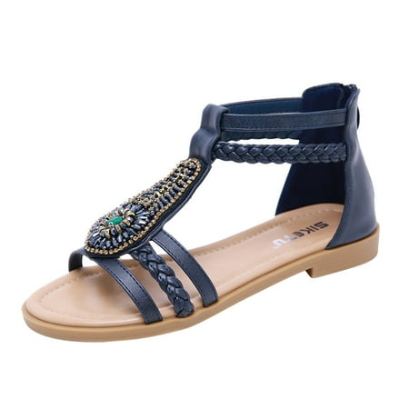 AnuirheiH Sandals Women Shoes Beach Bohemian Vintage Beaded Zip-Up Rhinestone Roman Flats Shoes Clearance