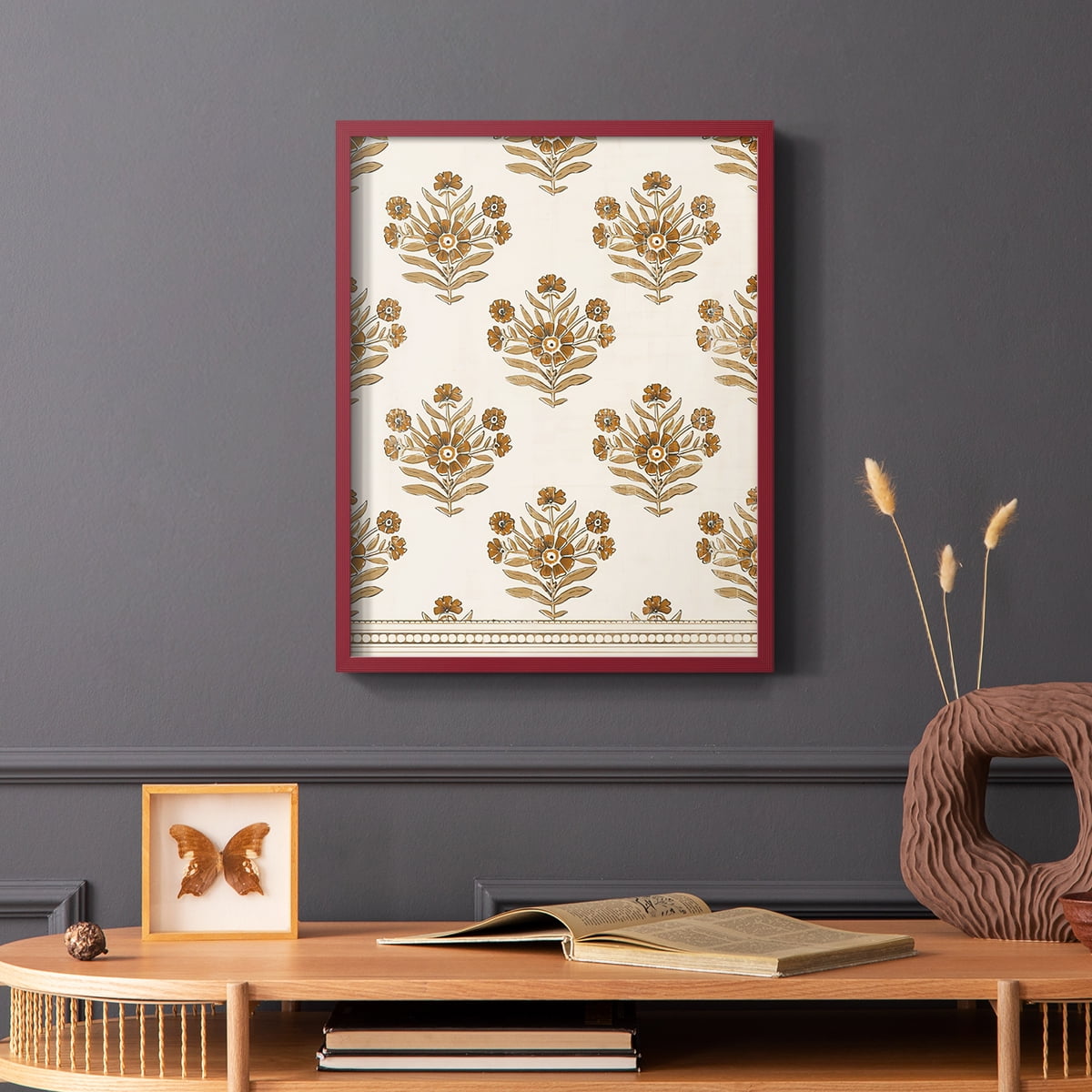 Block Print Blooms I Framed Print in Red Solid Wood Framed Print No Nail Hanging
