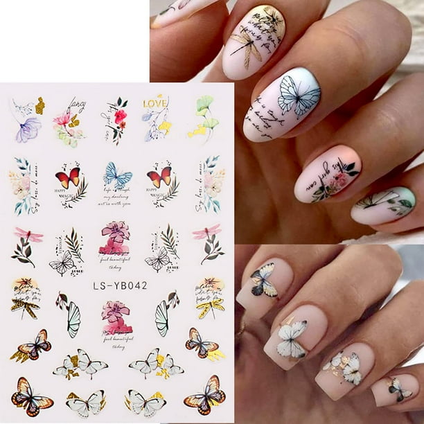 9 PCS Flowers Nail Art Stickers Decals Butterfly Design Stickers