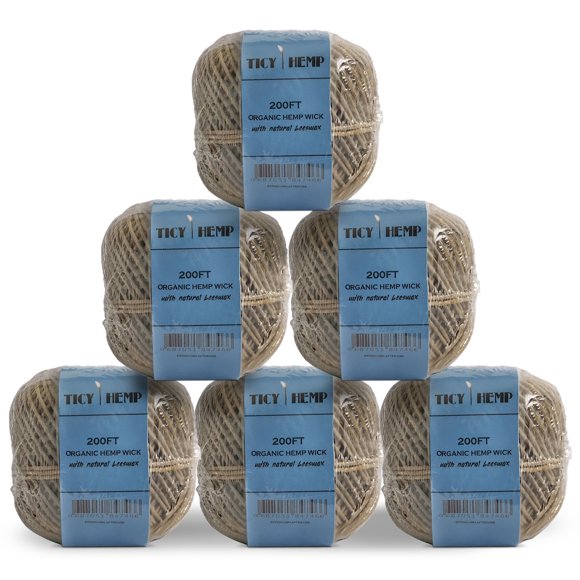 Six (6) 200FT/60M Hemp Wick Rolls With Organic BEESWAX, Great Butane Replacement & Perfect For DYI Candle Wicks For Candle Making, Slow Burning, Low Smoke Great For Candle Wicks. (1mm THICK)
