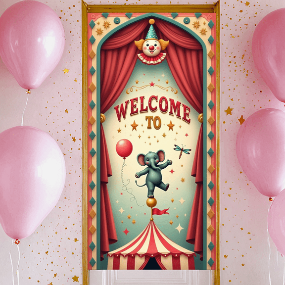 Circus Theme Welcome Banner Decorative Design Elephant Clown Polyester Material for Kids Party Event Celebration