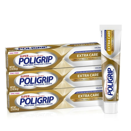 Poligrip Extra Care Denture Adhesive Cream, Flavor Free, Zinc Free - 2.2 Oz (3 Pack)