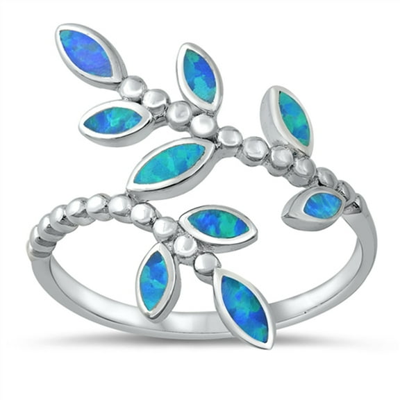 CHOOSE YOUR COLOR Blue Simulated Opal Leaves Ring .925 Solid Sterling Silver Band CZ Female Size 7