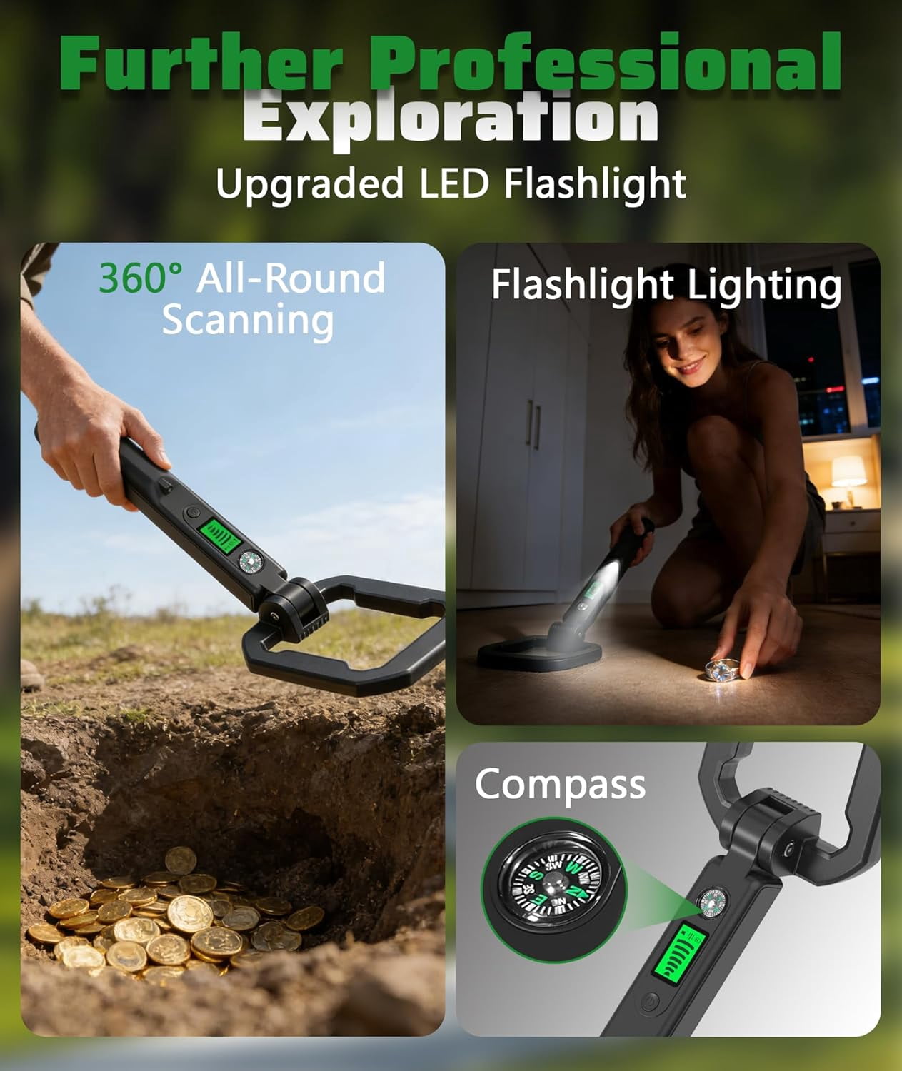 CSONGAZA Foldable Handheld Metal Detector - IP66 Waterproof, Kids & Adults Lightweight Portable 360° Detection Tool with LCD Display, Compass & LED Light