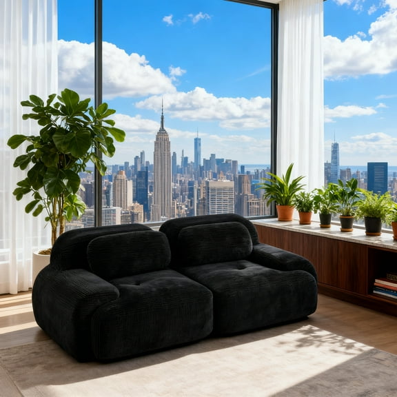 Lincordor 82"Modern Modular Sofa Set with Chenille Fabric, Curved Arm Design No Assembly Sectional, Non-Slip Base for Family Living Room,Black