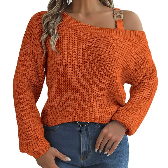 Fgnfyis Women Cold Shoulder Sweater with Metal Buckle Strap Long Sleeve Knit Pullover Top for Fashion Knitwear Orange M