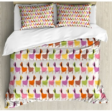 Dachshund Queen Size Duvet Cover Set, Abstract Colorful Puppy Pattern Vintage Animal Silhouettes Childrens Cartoon, Decorative 3 Piece Bedding Set with 2 Pillow Shams, Multicolor, by Ambesonne