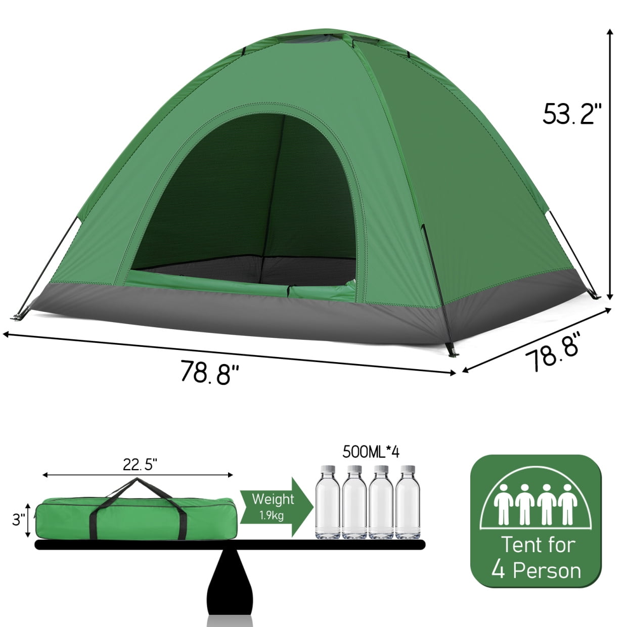 3-4 Person Dome Tents for Camping,Waterproof Camping Tent with Mesh Ventilation Door and Carrying Bag,Easy Set Up,Lightweight Portable Backpacking Tent for Family Camping,Hiking,Traveling,Green