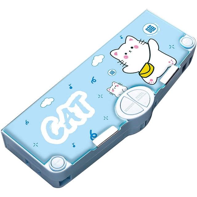 Multifunction Pencil Case, Pencil Box with 2 Compartments for Students - Cartoon Pattern Stationery Set with Pop Out Scissors and Pencil Sharpener(Light Blue)