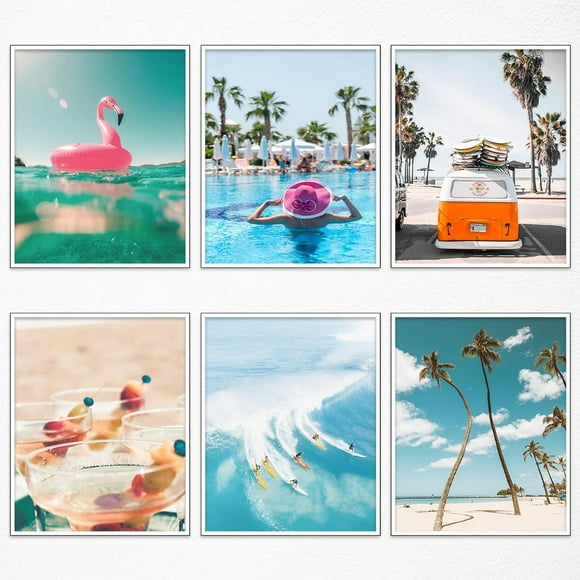 Beach Canvas Wall Art, Tropical Palm Tree Summer Coastal Posters, Beach Pictures Prints, Nautical Bus Beach Vibe Art, California Beachy Cocktail Time Fun Picture 8x10in Unframed