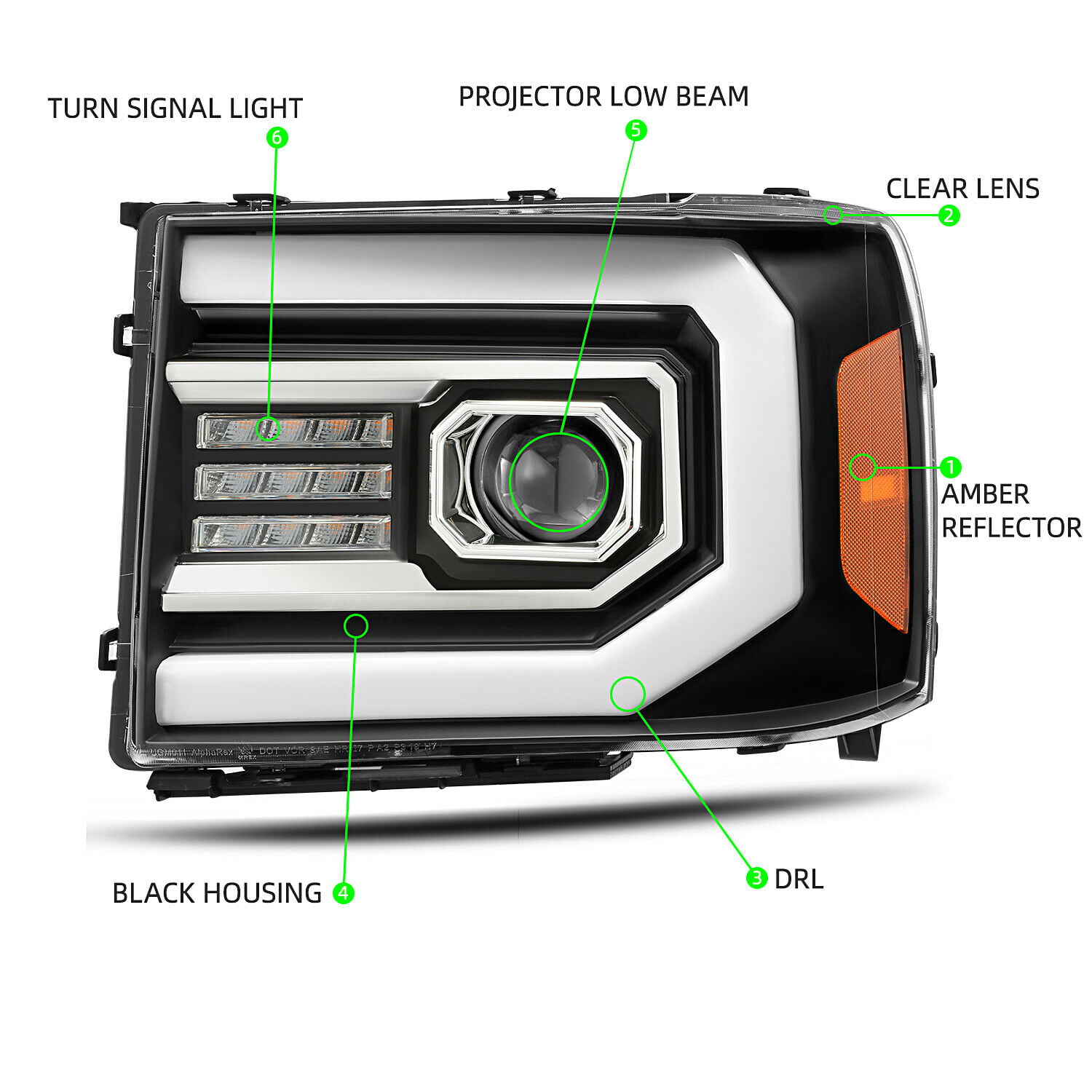 AlphaRex Base Model Black Fit 07-13 GMC Sierra 1500/07-14 Sierra 2500HD/3500HD  LED DRL Tube Dual Projector Headlights