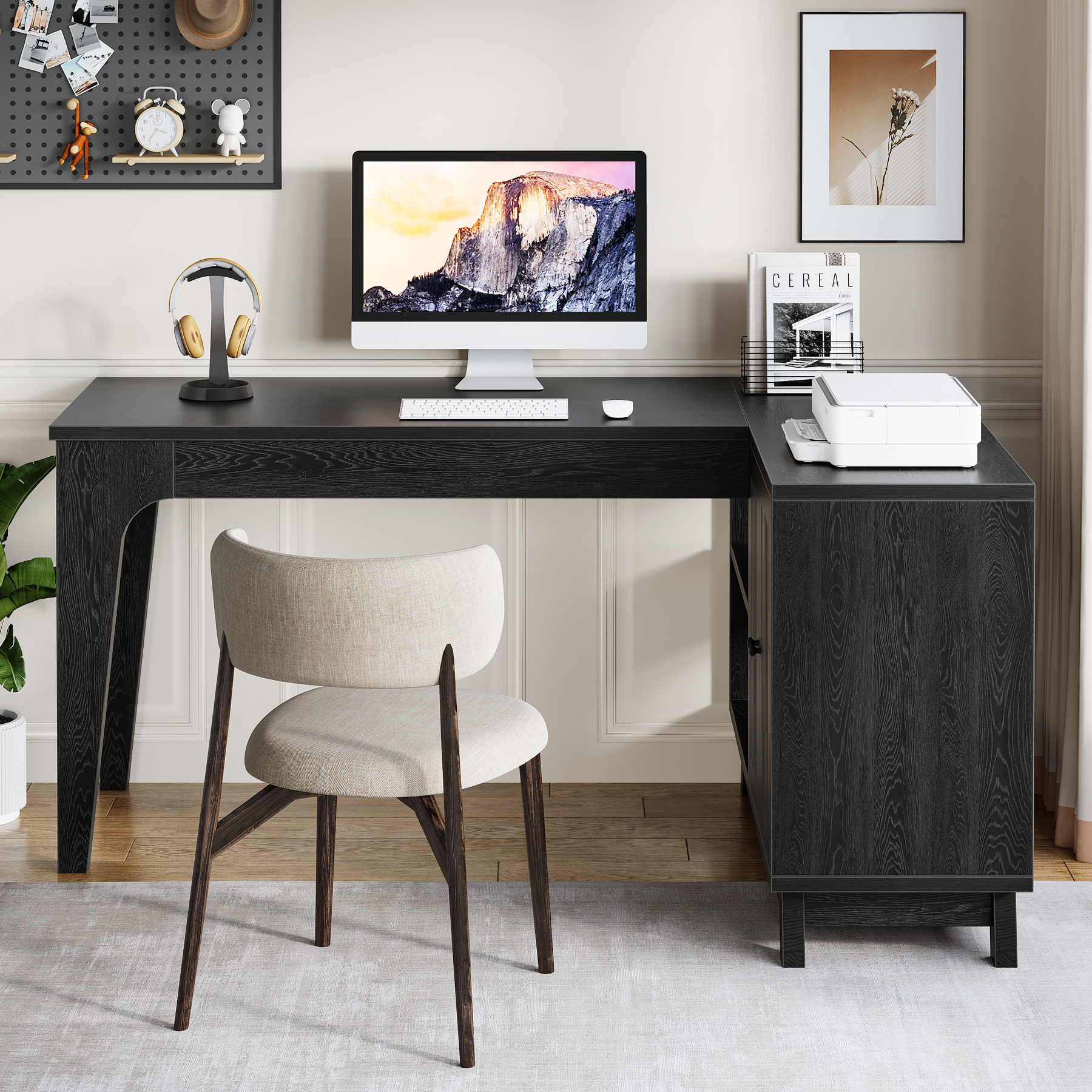 Tribesigns 57-Inch Wood L-Shaped Corner Computer Desk, Study Writing Table with Storage Shelves, Workstation with Cabinet for Home Office, Black