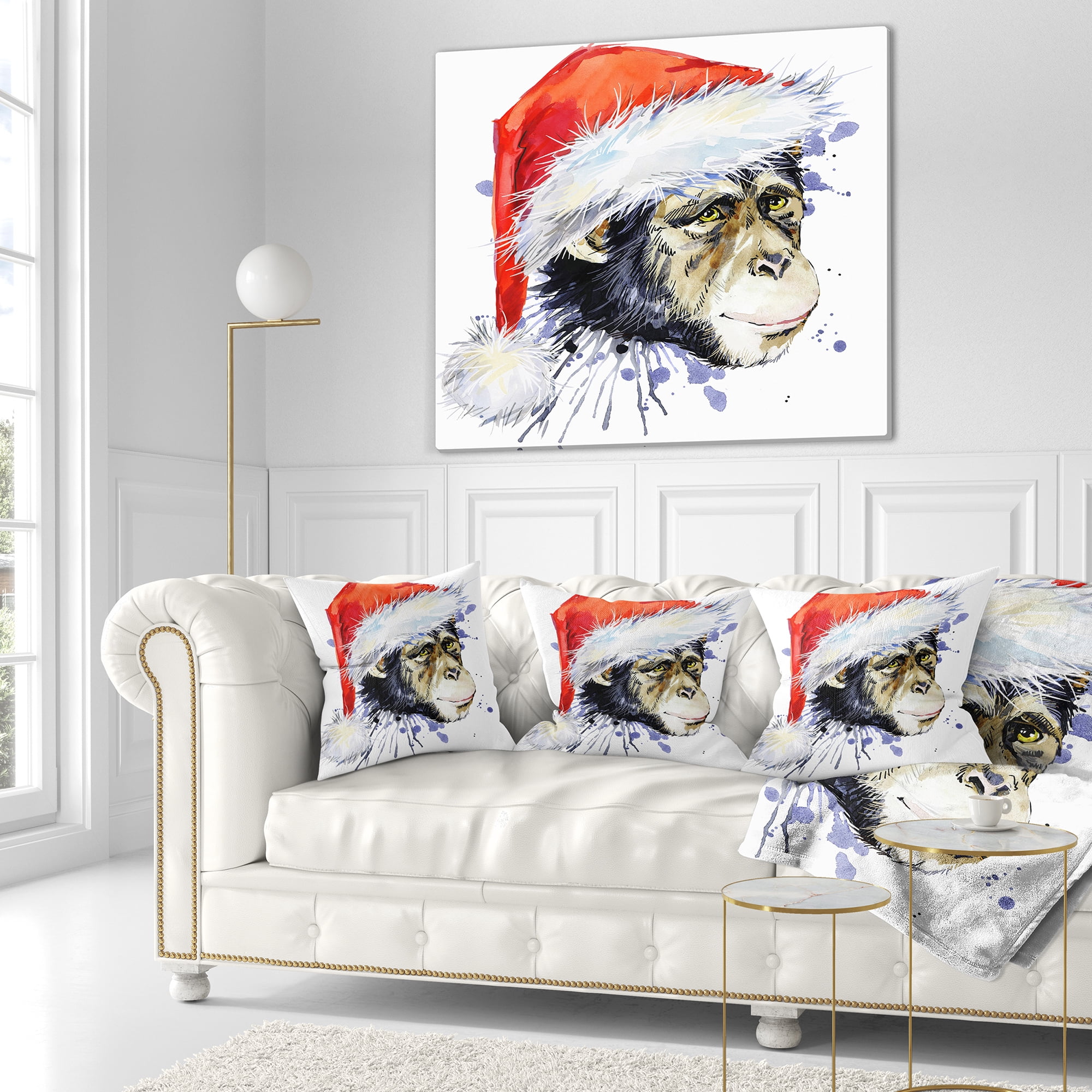 Designart Monkey Santa Clause - Animal Throw Pillow - 18x18