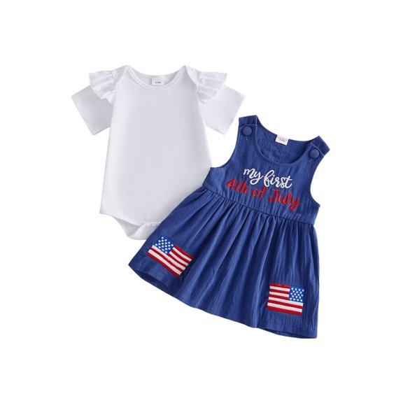 Cenuakty Toddler Newborn 3M 6M 12M 18M Girls 4th of July Outfit Ruffled Short Sleeves Rompers and Letter Flag Embroidery Overalls Dress Set Cute Clothes