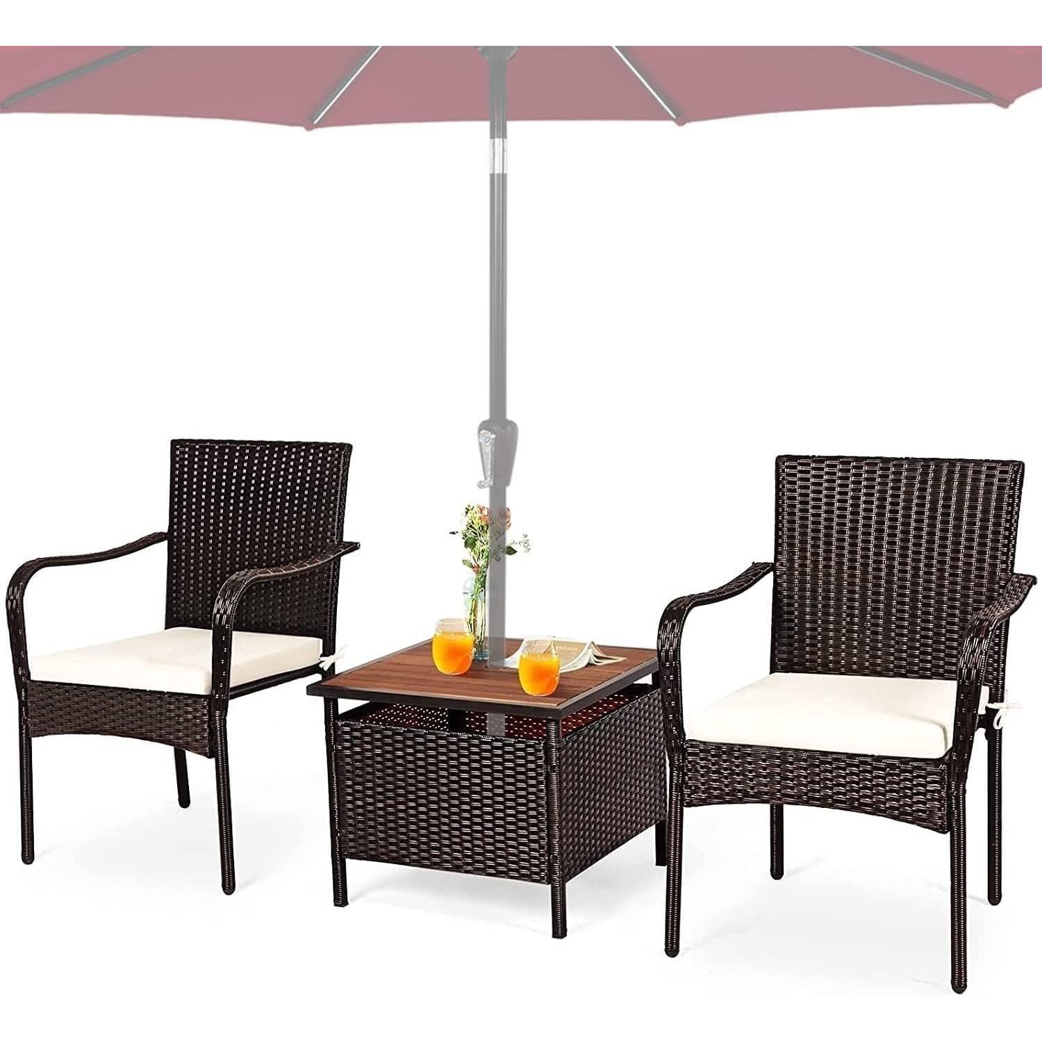 HElectQRIN 3Piece Patio Bistro Set with Coffee Table & Umbrella Hole, Rattan Wicker Chairs Set
