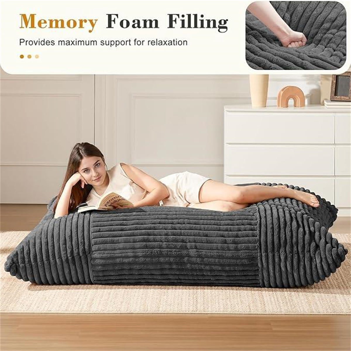 Hommoo Ergonomic Striped Bean Bag Chair, Floor Lounger with Machine-Washable Corduroy Cover, Full-Body Relaxation Sofa for Home, Dark Grey
