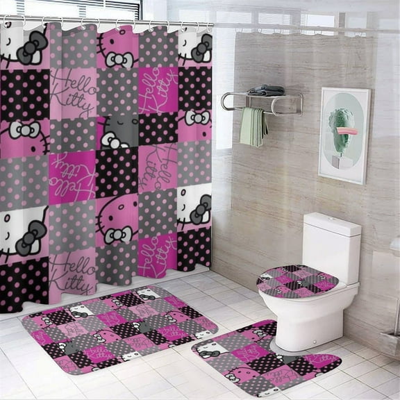 Hello Kitty 4 Pcs Shower Curtain Sets with Rugs, Bath Mat, U Shape And Toilet Lid Cover Mat And 12 Hooks, Cartoon Bathroom Set with Shower Curtain And Rugs And Accessories