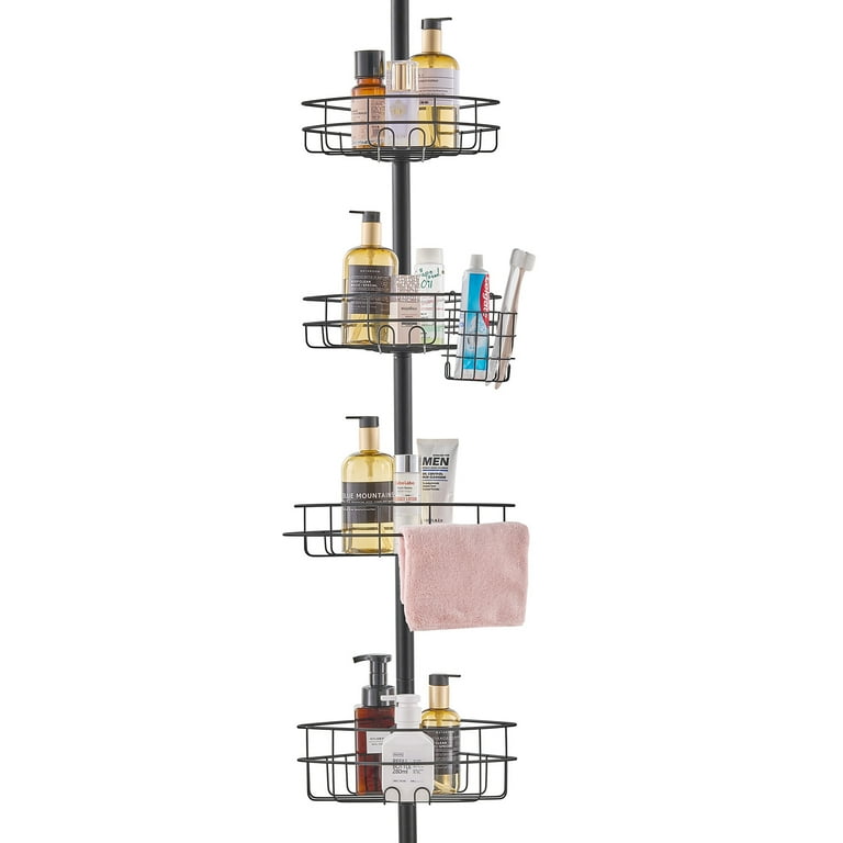 KFFKFF Tension Rod Shower Caddy, Adjustable Height from 56" to 114", Versatile Shower Tension Rod with Robust Tray Capacity, Corrosion-Resistant and Simple to Set Up
