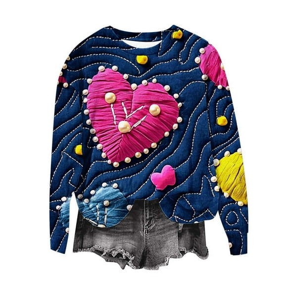Holiday Sweatshirts for Women Loose Fitted Heart Long Sleeve Crew Neck Pullover Casual Love Valentine Teacher Tshirts Trendy Drop Shoulder Valentines Day Outfit