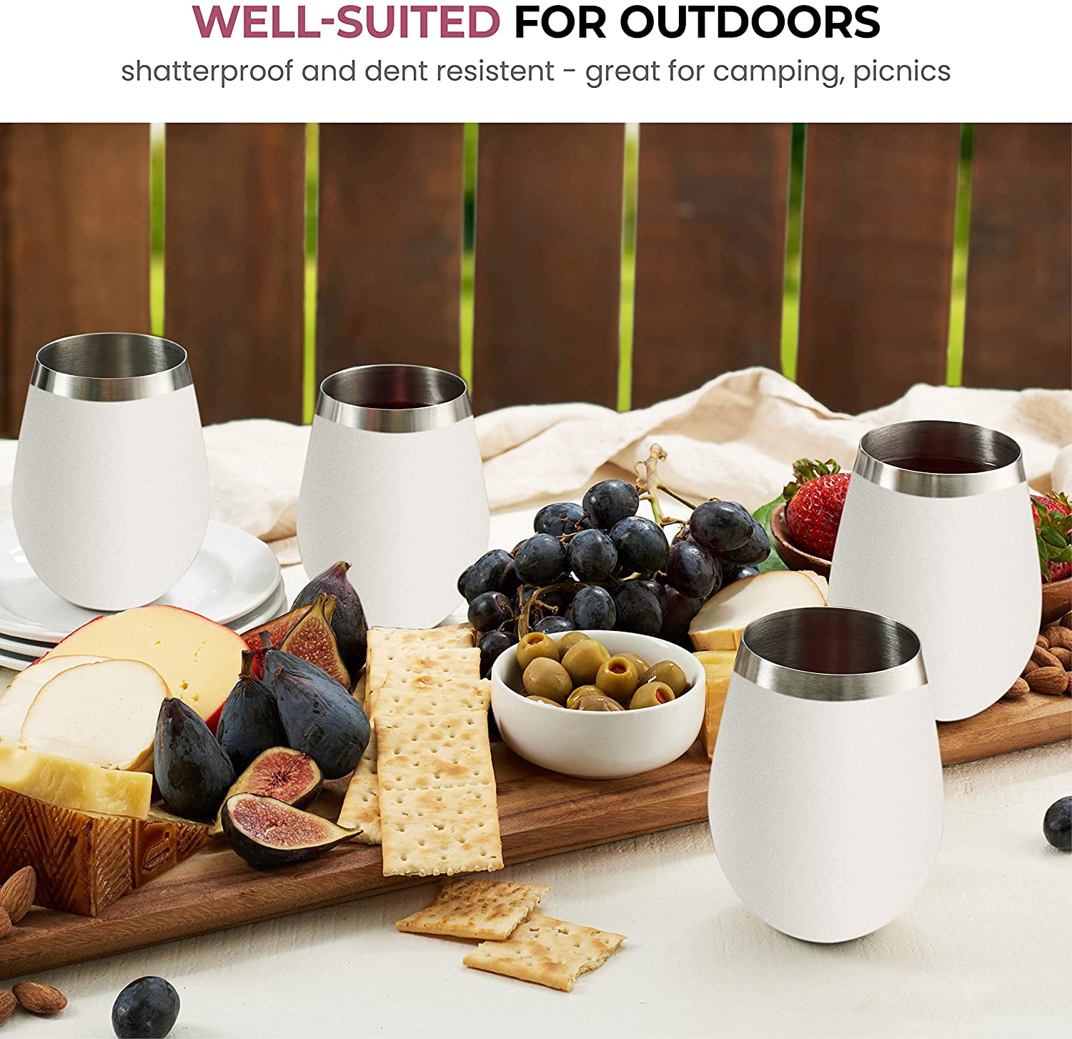 Stainless Steel Unbreakable Wine Glasses - 18 Ounce Set of 4 Wine glasses. Premium Grade 18/8 Stainless Steel Red & White Stemless Wine Glasses set, (Pure Pearly White)