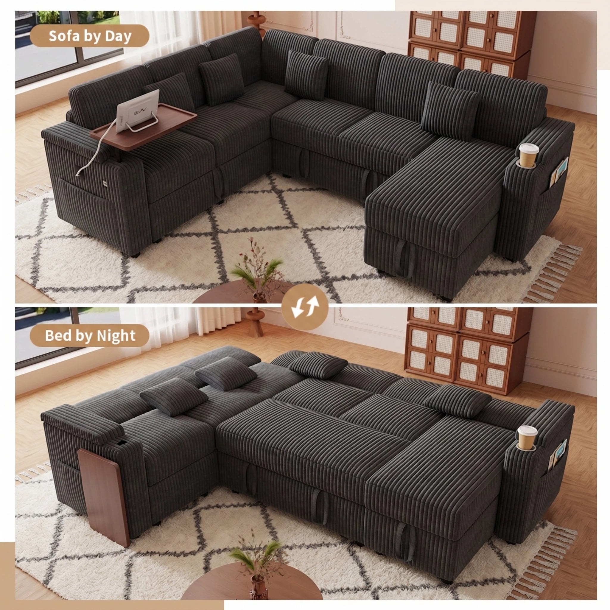 AISWORD 100" Modular U Shaped Sectional Sofa Bed with Pull Out Bed, Large 7‑Seat Convertible Couch with Storage Chaise, USB Charging Ports & Cup Holders, Dark Gray