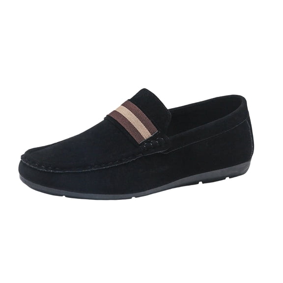Mens Casual Slip On Loafers, Moccasin Style Faux Suede Shoes with Striped Band, Comfortable Lightweight for Daily Wear, Black,Size 6