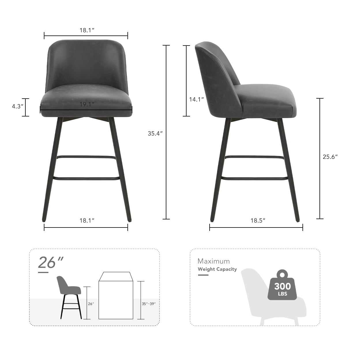 Modern Bar Stools Set of 4, 26" H Swivel Counter Height Barstools with High Backs, Kitchen Island Stools, For Bar & Home,Faux Leather, Grey