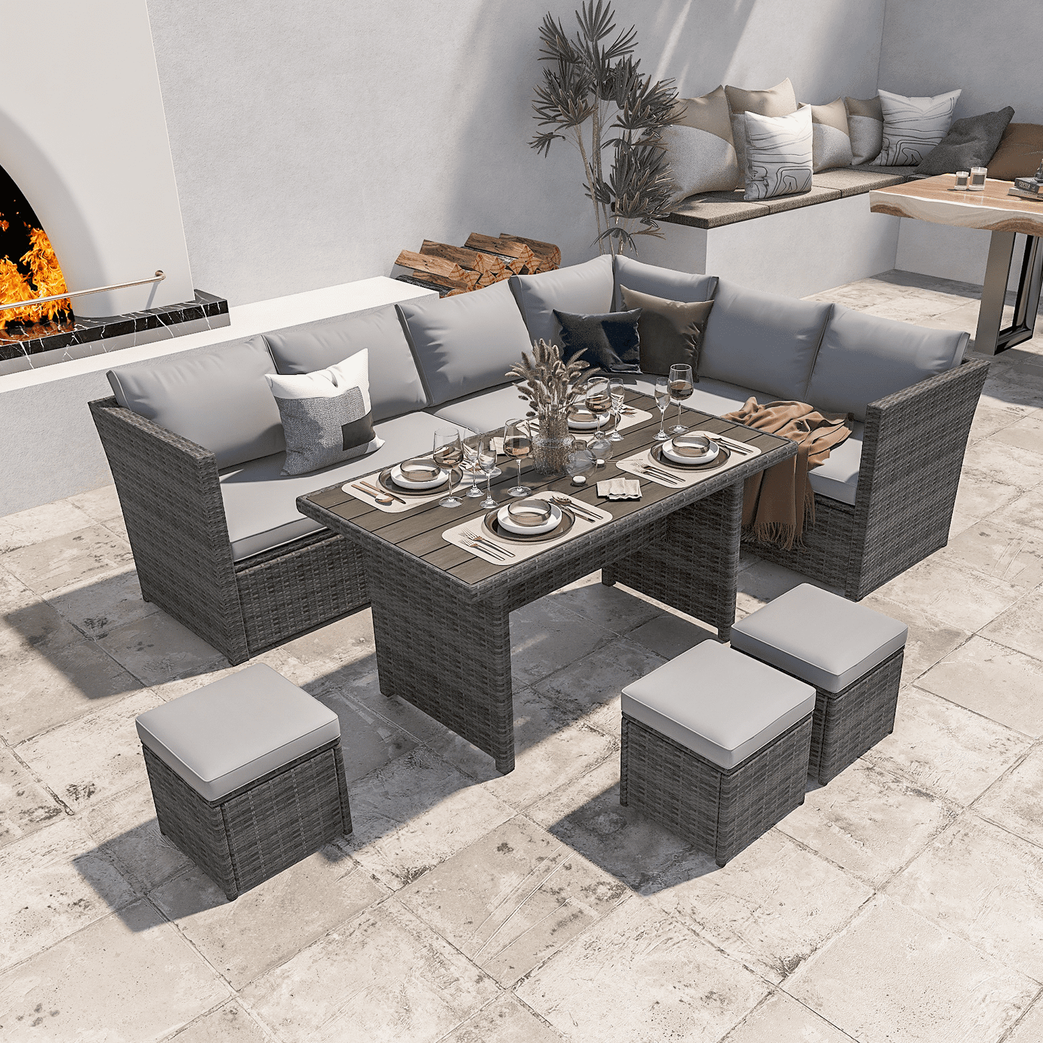 GYUTEI 7 Pcs Outdoor Wicker Dining Set, Patio Sectional Conversation