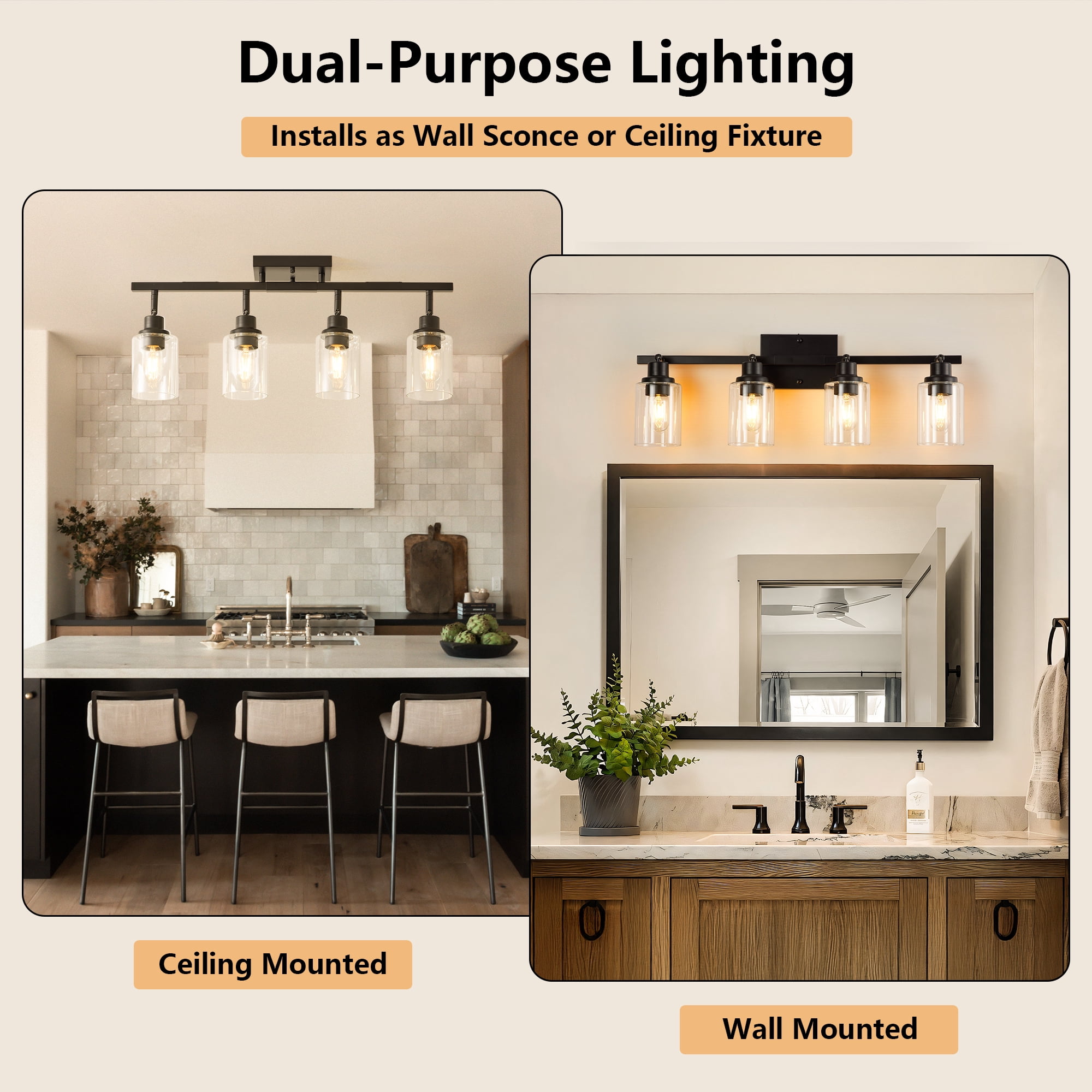 Leumius 4-Light Semi Flush Mount Ceiling Light, Adjustable Kitchen Light Fixtures Ceiling Mount with Clear Glass Shades, Rotatable Black Track Lighting Fixtures for Hallway, Foyer, Bedroom(No Bulbs)