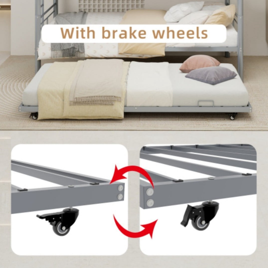 Twin Triple Bunk Bed, 3-in-1 Convertible Metal Bunk Bed Frame, Space-Saving Design with Guardrails & Ladder, Heavy-Duty Iron, Silver