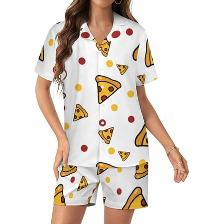 PRIYAL Pajama Sets for Womens Pizza Theme Seamless Pattern Satin Silk Short Sleeve Shirts And Pants Set